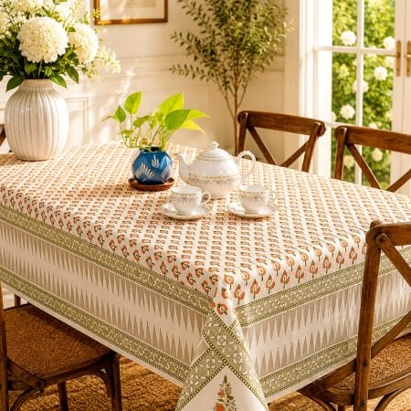 Teal Green Buta Handmade Cotton Canvas Table Cover